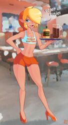 1boy abs androgynous beer beverage blonde_hair blue_eyes bulge burger crop_top crossdressing femboy femboy_hooters food freckles girly happy high_heels hooters_uniform link long_ears male_focus male_only meme piercing short_shorts smutstrut tagme tan_skin text the_legend_of_zelda thick_thighs trap