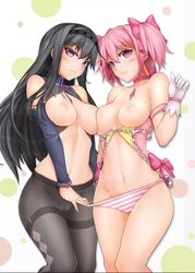 2girls akemi_homura black_hair long_black_hair madoka_kaname mahou_shoujo_madoka_magica multiple_girls pink_hair pink_panties pink_striped_panties short_pink_hair striped_panties tights