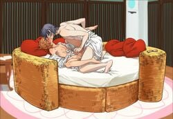 2boys anal_sex animated barefoot bed blush character_request dark_hair fushimi_saruhiko gay handjob k_(anime) kissing male_only missionary_position multiple_boys on_back orange_hair pillow shy towel yaoi yata_misaki