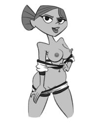 1girls breasts female gym_shorts lhk makeup monochrome navel nipples pants_down pe_teacher_(robotboy) ponytail robotboy shirt_down undressing