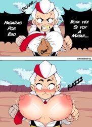 assisted_exposure belle_(brawl_stars) brawl_stars breasts comic dialogue goldhand_belle huge_breasts mendelartz scar spanish_text tagme text white_hair