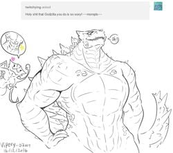 anthro anthrofied breasts dialogue female godzilla godzilla_(series) humor kaiju male male/female male_focus mammalian_reptile muscular muscular_male muto_(godzilla) muto_female_(godzilla) romantic_couple simple_background smile spikes sugarbeasts-07 tail tentacle white_background