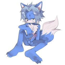 1:1 3_toes anthro balls blue_balls blue_body blue_ears blue_fur blue_tail canid canine chest_tuft erection feet fox fur fur_tuft genitals hair hi_res looking_at_viewer male male_only mammal nude penis r18 soles solo toes tuft two_tone_tail