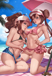 2futas areolae ball_bulge balls balls_under_clothes big_penis bikini breast_sucking breasts clothing erect_nipples erection erection_under_clothes erection_under_skirt exlic full-package_futanari futa_on_futa futa_only futanari handjob hilda_(pokemon) horny human medium_breasts medium_penis nipples one_breast_out panties penis penis_out penis_size_difference penis_under_clothes penis_under_skirt pokemon pokemon_bw precum precum_drip rosa_(pokemon) skirt small_breasts swimsuit uncut