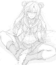 1boy absurdres abukuma_(kantai_collection) bootjob boots commentary_request double_bun embarrassed female footjob gloves greyscale highres jacket kantai_collection long_hair miniskirt monochrome on_bed partly_fingerless_gloves penis sailor_collar shoejob skirt straight suisen_toire_(moko924) twintails