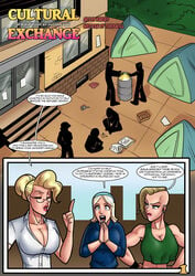 3girls blonde_hair cleavage clothed earrings john_persons multiple_girls page_1 rabies-t-lagomorph tents