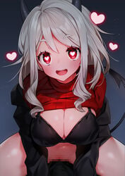 1boy black_bra black_horns black_suit blush bra breasts censored cowgirl_position demon_girl demon_horns demon_tail eyebrows_visible_through_hair female haiba_09 hair_between_eyes hair_ornament happy_sex heart heart-shaped_pupils heart_in_eye helltaker horns large_breasts long_sleeves looking_at_viewer modeus_(helltaker) mosaic_censoring night night_sky open_mouth red_eyes red_sweater ribbed_sweater sex sky smile straddling straight sweater symbol-shaped_pupils symbol_in_eye tail turtleneck underwear vaginal_penetration white_hair