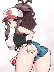 1girls 2020 2020s aqua_eyes ass ass_grab back bare_legs bare_shoulders baseball_cap big_breasts black_vest blue_shorts blush breasts brown_hair cameltoe cap chro covered_navel curvaceous denim denim_shorts erect_nipples erect_nipples_under_clothes female from_behind green_eyes groping hand_on_ass hat high_ponytail hilda_(pokemon) holding holding_object holding_poke_ball huge_ass human jean_shorts large_ass large_breasts leaning_forward legs long_hair looking_at_viewer looking_back moderate_tomboy nintendo nipples no_bra nopan pants parted_lips plump poke_ball pokemon pokemon_bw ponytail shiny shiny_skin shirt short_shorts shorts simple_background skin_tight sleeveless sleeveless_shirt solo tank_top teenager thick_thighs thighs tied_hair tight_pants tomboy vest white_background white_shirt wide_hips wristband