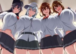 2020 4girls aged_up akatsuki_(kantai_collection) black_hair blue_eyes breast_press breasts brown_eyes brown_hair cap female female_only folded_ponytail grey_hair hammer_and_sickle hat hibiki_(kantai_collection) highres huge_breasts ikazuchi_(kantai_collection) inazuma_(kantai_collection) indoors kantai_collection kloah large_breasts looking_at_viewer massive_breasts multiple_girls navel open_mouth purple_eyes school_uniform skirt smile teeth thick_thighs thighs tongue verniy_(kantai_collection)