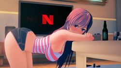 3d beer_bottle beer_can bent_over bent_over_table booty_shorts denim_shorts doggy_style drunk hanging_breasts koikatsu neo_(rwby) netflix no_bra nyxxzeiss rwby short_shorts tagme