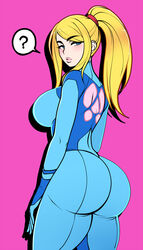 1girls ? ass ass_focus big_ass big_breasts big_butt bimbo blonde_hair blue_eyes bottom_heavy bubble_butt caked_up cheesecake curvy dat_ass eye_contact female female_only female_protagonist huge_ass huge_butt jam-orbital large_breasts leotard long_hair looking_at_viewer looking_back metroid nintendo pale-skinned_female pale_skin pink_background ponytail samus_aran sideboob simple_background solo speech_bubble thick_ass thick_lips thick_thighs thighs tight_clothing voluptuous wide_hips zero_suit zero_suit_samus