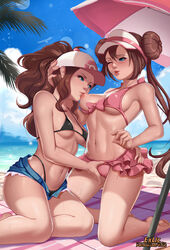 2girls areolae bikini breast_sucking breasts cameltoe cleavage clothing exlic female female_only hat hilda_(pokemon) human lesbian medium_breasts multiple_girls nintendo nipples one_breast_out pokemon pokemon_bw ponytail rosa_(pokemon) short_shorts shorts swimsuit yuri