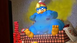 3d 3d_(artwork) anthro avian bara big_belly bonfiefat couch erection fart fart_cloud fart_fetish farting fat food huge_belly king_dedede kirby_(series) male_focus male_only obese penguin penis sfm source_filmmaker tagme