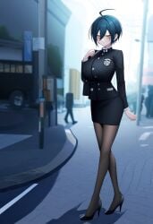 1girls ai_generated black_clothing black_pantyhose blue_hair breasts danganronpa danganronpa_v3 gender_transformation genderswap_(mtf) high_heels huge_breasts pantyhose rule_63 saihara_shuuichi short_hair shuichi_saihara stable_diffusion street wide_hips