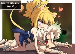 :3 cat_ears cat_tail catgirl dr.stone female fully_clothed ishigami_senku kinkymation kohaku_(dr.stone) lion_girl