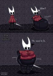 1girls belly_expansion big_belly big_breasts bloated_belly digestion hornet_(hollow_knight) huge_belly onomatopoeia spontaneous_expansion text thick_thighs yambedoodle