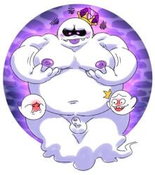 ambiguous_gender anommyself balls belly blush boo_(mario) embarrassed genitals ghost group humanoid humanoid_genitalia humanoid_penis king_boo luigi's_mansion male male_only mario_(series) moobs nintendo nipples not_furry overweight overweight_humanoid overweight_male penis purple_nipples purple_tongue spirit teeth tongue trio white_balls white_belly white_body white_penis