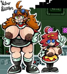 2girls big_thighs boots breasts_out brown_hair brown_nipples clothed crown dr._eggma’am eggette genderswap_(mtf) glasses gloves goggles green_eyes huge_breasts hyper_breasts light-skinned_female light_skin multiple_girls mysticemerald_(artist) nitrobutter red_hair rule_63 size_difference skirt smile sonic_(series) twintails