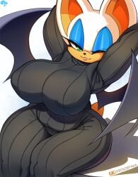 2023 anthro bat biped clothed clothing eyeliner female green_eyes hi_res krokobyaka looking_at_viewer makeup mammal nipple_outline rouge_the_bat sega solo sonic_(series) sonic_the_hedgehog_(series) tan_body white_body wins