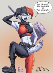 1futa armpits arms_up athletic athletic_futanari ball_bulge balls balls_under_clothes batman_(series) big_breasts big_penis blue_eyes breasts busty clothed clothing crop_top dc dc_comics dialogue english_text erection futa_only futanari harley_quinn hourglass_figure human jester jester_hat lipstick long_hair makeup mostly_clothed open_fly open_pants pale-skinned_female pale_skin penis penis_out penis_through_fly purpleeyebags quinn_year_(purpleeyebags) solo speech_bubble standing text twintails unbuttoned_pants unzipped white_skin wide_hips