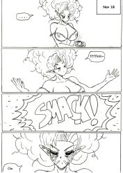 1girls bed_hair black_and_white coffee dragon_ball dragon_ball_super dragon_ball_z english_text lingerie no_nut_november page_18 race_of_hera slap slap_mark smack smacking thewritefiction tired_expression tired_eyes zangya
