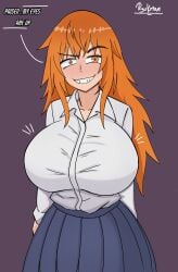 1girls big_breasts breasts clothed clothing curvy english_text female female_focus female_only gamo-chan hi_res highres human human_only large_breasts light-skinned_female light_skin long_hair looking_at_viewer orange_eyes orange_hair please_don't_bully_me,_nagatoro revealing_clothes ryukman school_uniform simple_background skirt smile solo solo_female text wide_hips