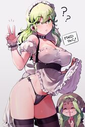 2girls apron big_breasts black_thong blush byleth_(fire_emblem) byleth_(fire_emblem)_(female) card choker cleavage credit_card female female_only fire_emblem fire_emblem:_three_houses green_eyes green_hair maid maid_headdress multiple_girls naso4 nintendo nipple_bulge nosebleed panties peace_sign puffy_sleeves question_mark rhea_(fire_emblem) rhealeth string_panties sweat sweatdrop thighhighs thong