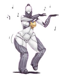 2019 alien biped breasts ciircuit dancing digital_media_(artwork) featureless_breasts featureless_face female front_view full-length_portrait genitals glistening glistening_breasts gold_body hi_res high_heeled_feet huge_hips humanoid machine medium_breasts metallic_body motion_lines musical_note nova_(warframe) nude on_one_leg portrait pose pussy raised_hand robot robot_humanoid shaded simple_background solo standing tenno thick_thighs warframe white_background white_body