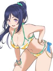 1girls bent_over bikini bikini_under_clothes blue_hair blush bracelet breasts cleavage collarbone female_focus hi_res jewelry kanabun large_breasts leaning_forward long_hair looking_at_viewer love_live! love_live!_sunshine!! matsuura_kanan navel open_mouth ponytail purple_eyes simple_background smile solo standing swimsuit swimsuit_under_clothes teeth upper_teeth_only white_background