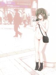 1girls bag blush breasts casual_nudity female handbag holding_phone looking_at_phone marrontorisu navel nipples nude original phone pubic_hair public_nudity pussy shoes shoes_only standing zenra