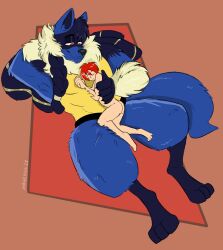 2023 abs anthro anubian_jackal ass blue_body blue_fur blue_hair canid canine canis cuddling dreadlocks duo embrace fur generation_4_pokemon hair hi_res holding_partner hug human human_on_anthro interspecies intimate jackal larger_anthro larger_male lucario lying lying_on_another male male/male mammal maverickk_(artist) multicolored_body multicolored_fur muscular muscular_anthro muscular_male nintendo nude pecs pokemon pokemon_(species) pokephilia red_hair signature size_difference sleeping smaller_human smaller_male yellow_body yellow_fur