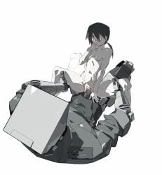 1boy black_hair blush breasts clothed_male_nude_female cum cum_in_pussy cum_overflow female girthy_penis glasses grabbing_another's_thighs hair_over_one_eye hand_on_another's_stomach hand_on_own_face highres humanoid_robot jacket looking_at_another medium_breasts monitor muscular muscular_male nipples nude original penis pipebomb_(cracker68659106) pussy robot robot_penis round_eyewear sex short_eyebrows simple_background size_difference straight thick_thighs thighs vaginal_penetration white_background