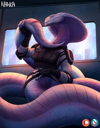 2020 agent_torque animal_genitalia bottomless cloaca clothed clothing digital_media_(artwork) female fingers genitals hi_res naga nails nawka patreon reptile scalie serpentine signature snake snake_hood solo video_games viper_(x-com) x-com x-com:_chimera_squad