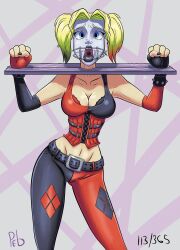 athletic athletic_female bare_midriff batman_(series) bdsm big_breasts blonde_hair blue_eyes bondage bound bracelet breasts busty cleavage corset dc dc_comics dental_gag female female_focus female_only femsub fully_clothed gag harley_quinn harley_quinn_(arkham) harley_quinn_(arkham_city) hourglass_figure lipstick long_hair makeup open_mouth_gag pants purpleeyebags quinn_year_(purpleeyebags) tagme tank_top tied_up twintails wide_hips