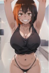 1girls ai_generated arms_up big_breasts gamo-chan gym looking_at_viewer nagatorofan partially_clothed please_don't_bully_me,_nagatoro solo solo_female thong