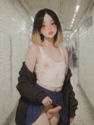 1femboy ai_generated black_hair blonde_hair blush bob_cut brown_hair femboy feminine_male flat_chest hannai highlights jacket_off_shoulders looking_at_viewer male nipples_visible_through_clothing otoko_no_ko penis precum skirt skirt_lift solo solo_femboy standing subway tank_top testicles trap