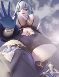 3d 3d_(artwork) abs airplane big_breasts blue_hair breasts eula_(genshin_impact) female female_focus female_only from_below genshin_impact giantess giga_giantess hoyoverse kingklon kingklon larger_female light-skinned_female light_skin mikumikudance mmd plane reaching_out short_hair solo solo_female solo_focus thick_thighs thighs video_game_character