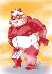 2020 anthro balls belly blush bumomomoboa flaccid genitals giant_panda hi_res humanoid_hands kemono male male_only mammal moobs nipples overweight overweight_male penis solo towel ursid