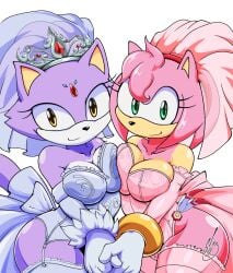 2023 amber_eyes amy_rose anthro barely_sly big_breasts blaze_the_cat breast_squish breasts clothing dress duo eulipotyphlan felid feline female female/female green_eyes hedgehog hi_res lingerie mammal sega signature sonic_(series) sonic_the_hedgehog_(series) squish wedding_dress yuri