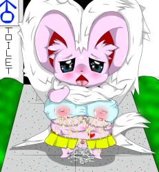 blush breasts cinccino clitoris cum exhibitionism fur furry heart hi_res inverted_nipples looking_at_viewer muku open_mouth outdoors pokémon_(species) pokemon pokemorph prostitute pussy pussy_juice pussy_juice_drip skirt tongue