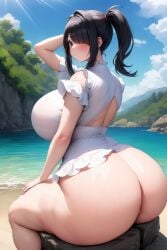 :< ai_generated ame-chan beach blush bottomless frilled_dress gigantic_ass gigantic_breasts gigantic_thighs hyper needy_girl_overdose needy_streamer_overload no_panties one_arm_up open_back rock sitting stable_diffusion thick_thighs venus_body white_dress wide_hips worried