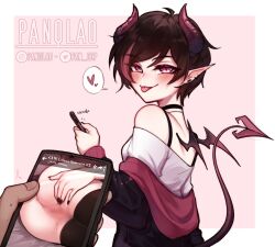 :p artist_name bare_shoulders black_choker black_jacket blur_censor blush border brown_hair censored choker demon_girl demon_tail earrings female highres holding holding_phone horns jacket jewelry long_sleeves mini_wings multicolored_hair off_shoulder original pan_(panqlao) panqlao phone pink_background pink_eyes pointy_ears pussy red_hair shirt short_hair smile solo succubus tail tongue tongue_out two-tone_hair white_border white_shirt wings