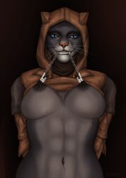 absurd_res anthro bethesda_softworks blue_eyes breasts clothed clothing felid feline female fur hi_res hood khajiit khamira looking_at_viewer mammal nipple_chain nipple_chain_in_mouth nipple_clamps nipple_fetish nipple_play nipple_pull nipples smile solo teeth the_elder_scrolls tvard