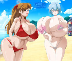 2020 2girls alternate_breast_size asuka_langley_sohryu beach bikini blue_hair blush breast_envy breast_grab breast_squeeze breasts breasts_out bursting_breasts color detailed_background female female_only gigantic_breasts greengiant2012 huge_breasts human hyper hyper_breasts large_breasts light-skinned_female light_skin long_hair lowres micro_bikini neon_genesis_evangelion nipple_slip nipples orange_hair pale-skinned_female pale_skin rei_ayanami short_hair silver_hair swimsuit uncensored