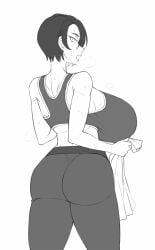 black_hair enormous_breasts from_behind gigantic_breasts gym_clothes original_character saya_(twrlare) short_hair sports_bra sweat twrlare yoga_pants