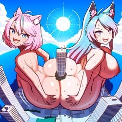 6164 ai_generated ass breasts city destruction giant_couple giantess huge_ass huge_breasts indie_virtual_youtuber nai_diffusion nipples nyatasha_nyanners silvervale skyscraper small_breasts virtual_youtuber