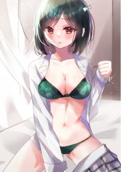 1girls blush bra breasts cleavage green_bra green_panties hairbow looking_at_viewer love_live! love_live!_nijigasaki_high_school_idol_club mifune_shioriko navel open_mouth open_shirt panties shirt sitting skirt takenokodomo2 underwear white_shirt