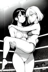 adorable ai_generated catfight cute height_difference princess_carry wrestler wrestling_ring yuri