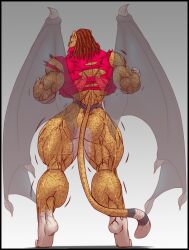 anthro ass b9tribeca biceps big_muscles brown_hair cheetah dragon feline female hair hybrid large_muscles long_hair muscles muscular muscular_arms muscular_female muscular_legs muscular_thighs tail wings xilimyth