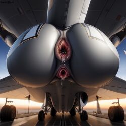 1girls ai_generated aircraft airplane anal_juice anus butt darkeffect female_only living_machine machine presenting_hindquarters pussy pussy_juice rear_view unusual_genitalia wet wheels